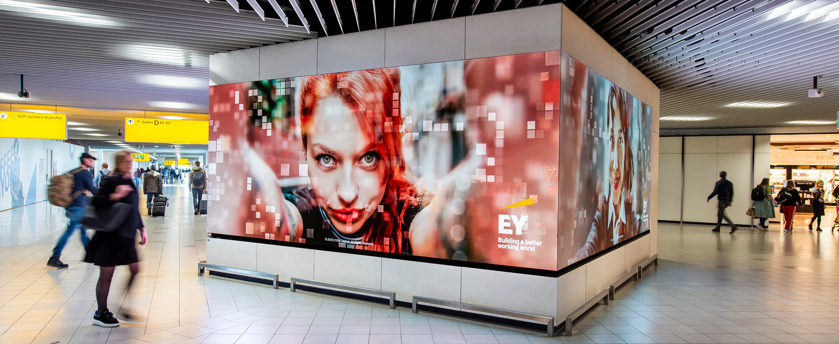 Amsterdam Airport Schiphol, NS rail platforms · transit LED, real DOOH inventory bookable by the hour on Blindspot