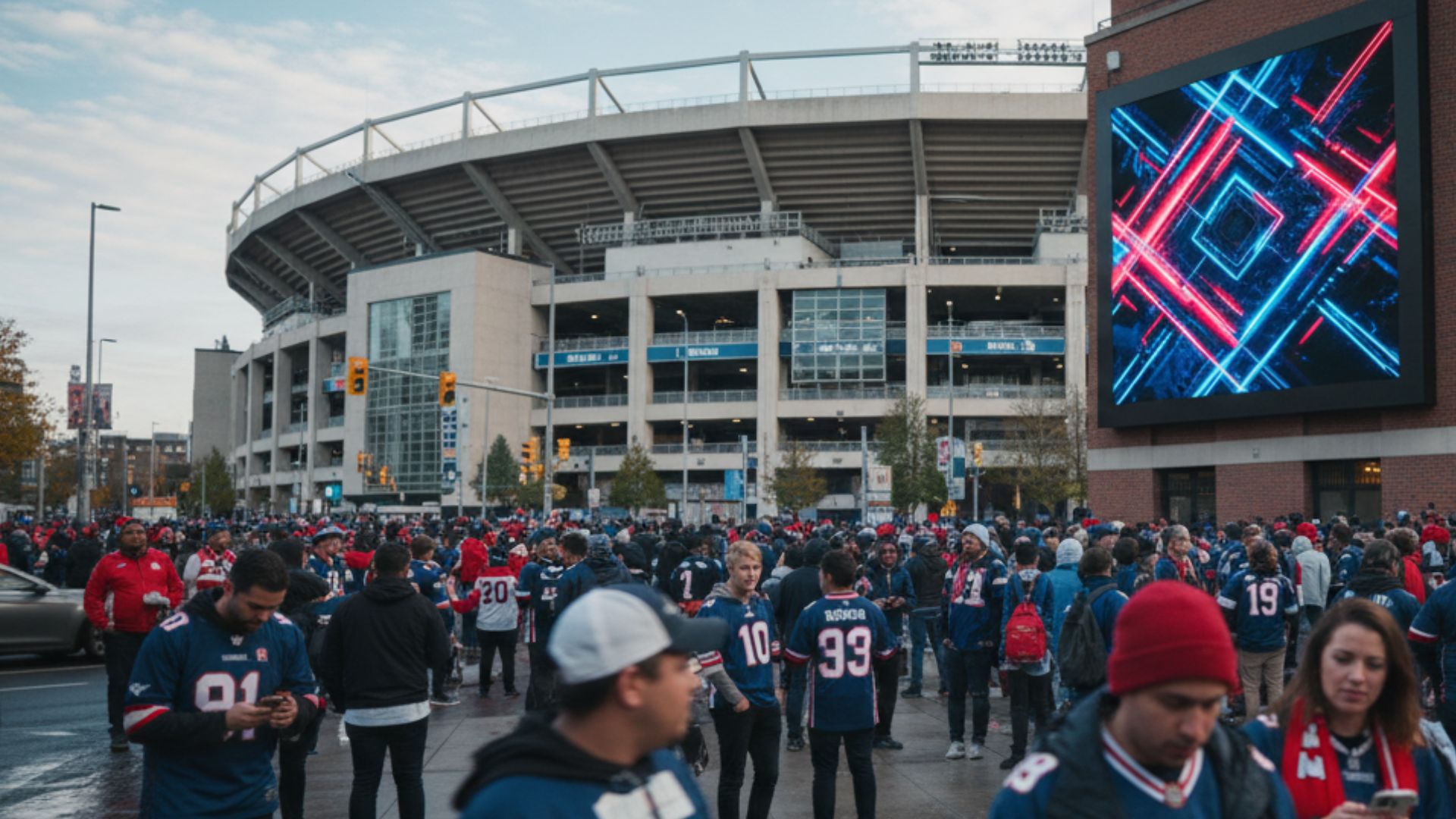 Fans gather outside the stadium on game day, filling the plaza with team colors before the match begins.