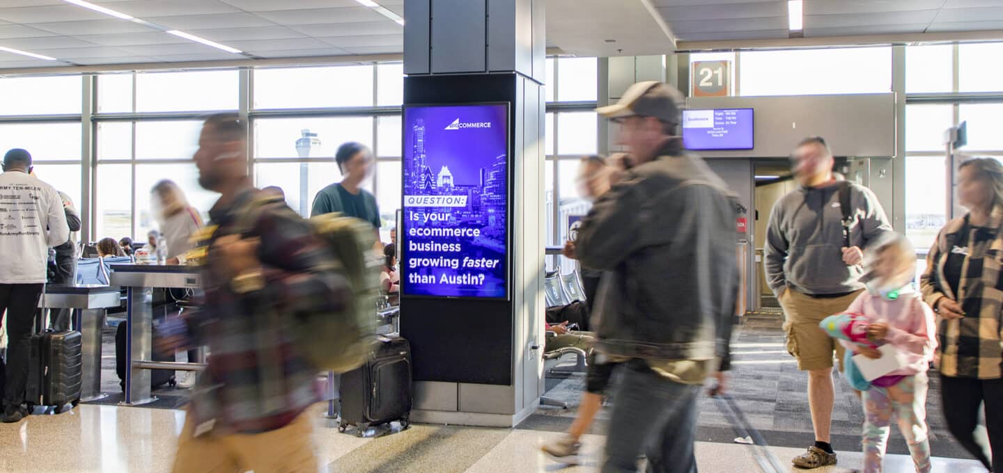 Austin, Vertical digital billboard, Austin-Bergstrom (AUS), real DOOH inventory bookable by the hour on Blindspot