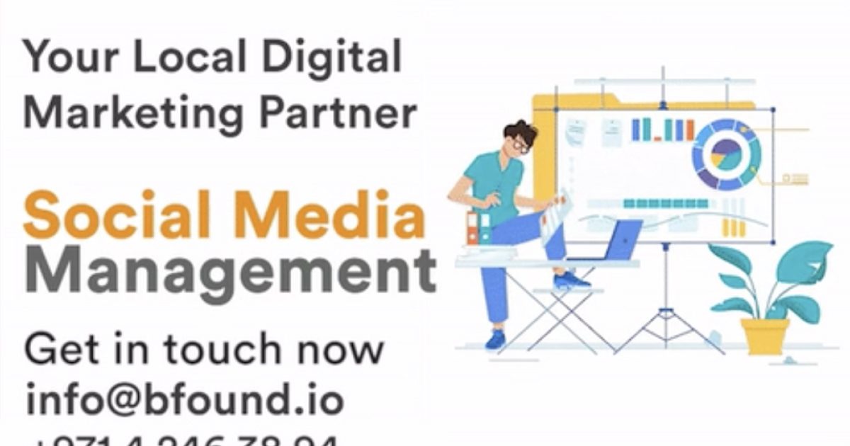 bfound animated DOOH creative reading Your Local Digital Marketing Partner, Social Media Management, with a contact email
