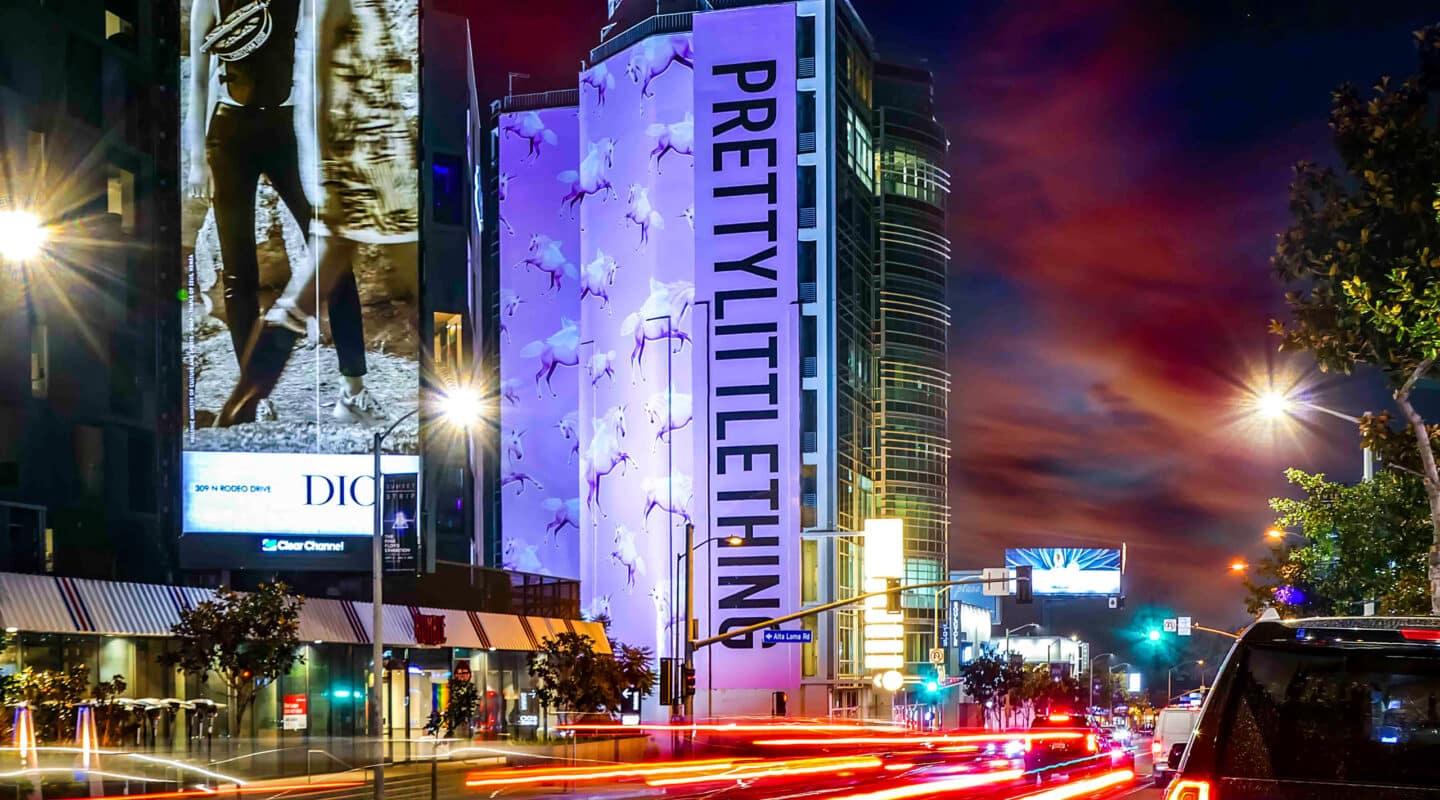 Sunset Strip wallscape, real DOOH inventory from operator partner Clear Channel Outdoor, bookable by the hour on Blindspot
