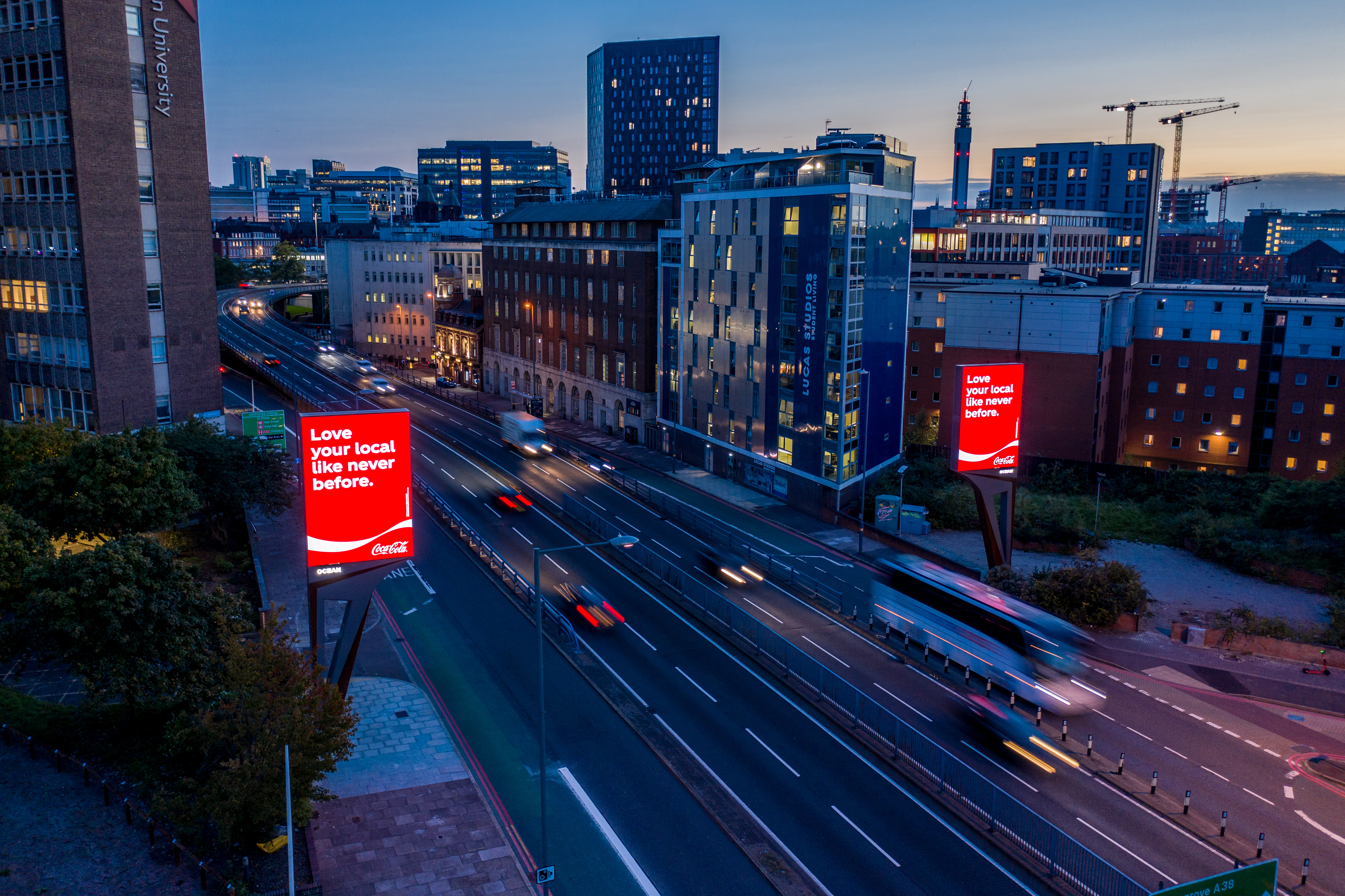 Birmingham, Two Towers Birmingham (aerial), real DOOH inventory bookable by the hour on Blindspot