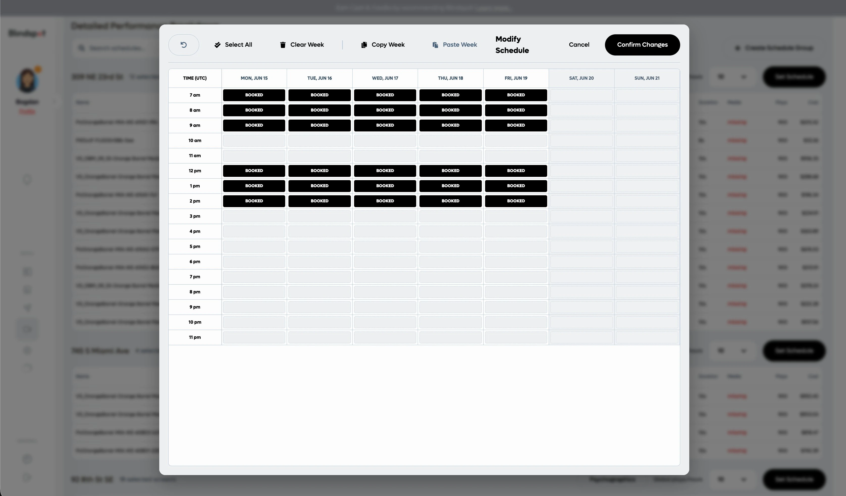 A schedule group's weekly grid with hours booked only at golden hours, weekday mornings 7 to 10 AM and midday 12 to 3 PM, with copy week and modify controls