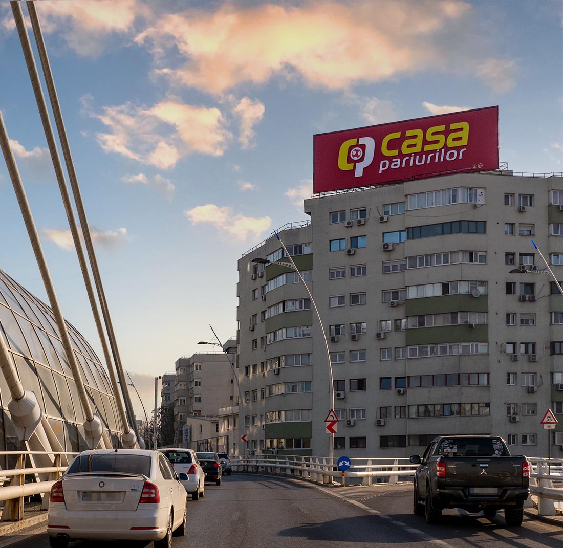 Large-format digital LED screen at Podul Basarab, Bucharest, DOOH inventory bookable by the hour on Blindspot