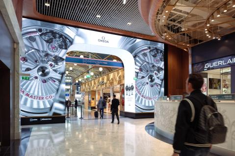 Cairo International Airport, Security checkpoint · suspended LED, real DOOH inventory bookable by the hour on Blindspot
