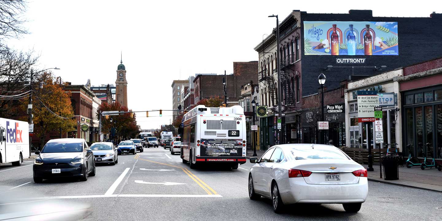 Cleveland, Cleveland OOH creative (downtown wallscape), real DOOH inventory bookable by the hour on Blindspot