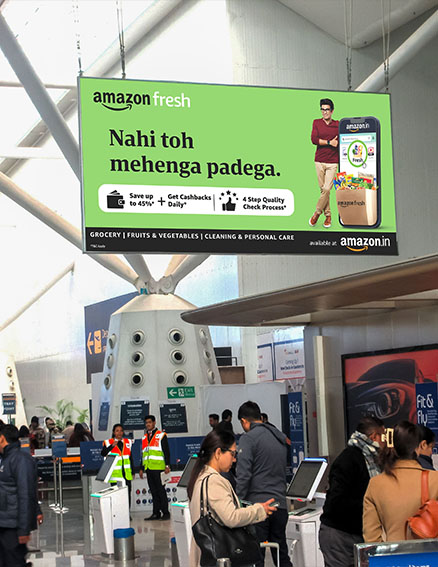 Delhi Airport, New Terminal 1 departures digital totems, real DOOH inventory bookable by the hour on Blindspot