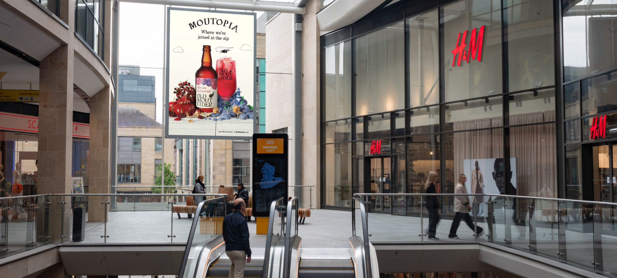 Edinburgh, St James Quarter Multrees Walk full-motion screen, Edinburgh, real DOOH inventory bookable by the hour on Blindspot