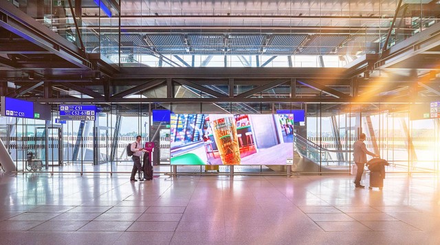 Geneva Airport, Rail platform · transit LED, real DOOH inventory bookable by the hour on Blindspot