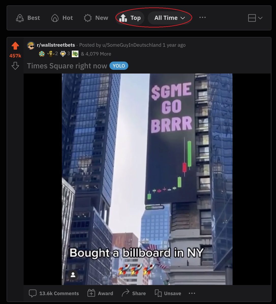The Reddit r/wallstreetbets post showing the Times Square billboard, ranked the number one most upvoted post of all time