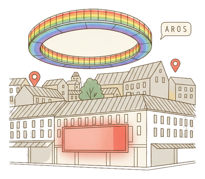 Illustrated Aarhus landmark with glowing coral Blindspot DOOH advertising screens