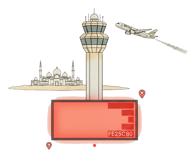 Illustrated Zayed International Airport landmark with glowing coral Blindspot DOOH advertising screens