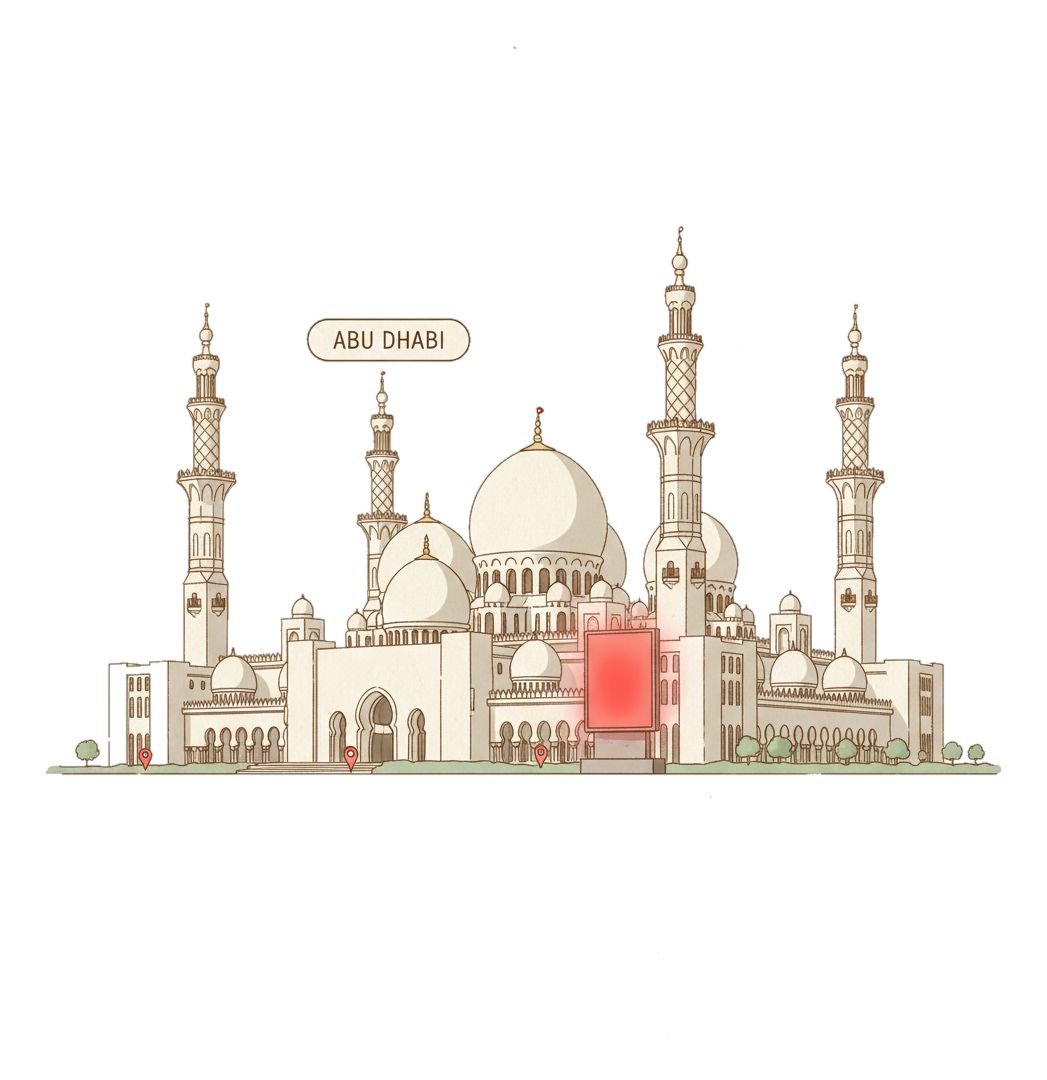 Illustrated Abu Dhabi landmark with glowing coral Blindspot DOOH advertising screens