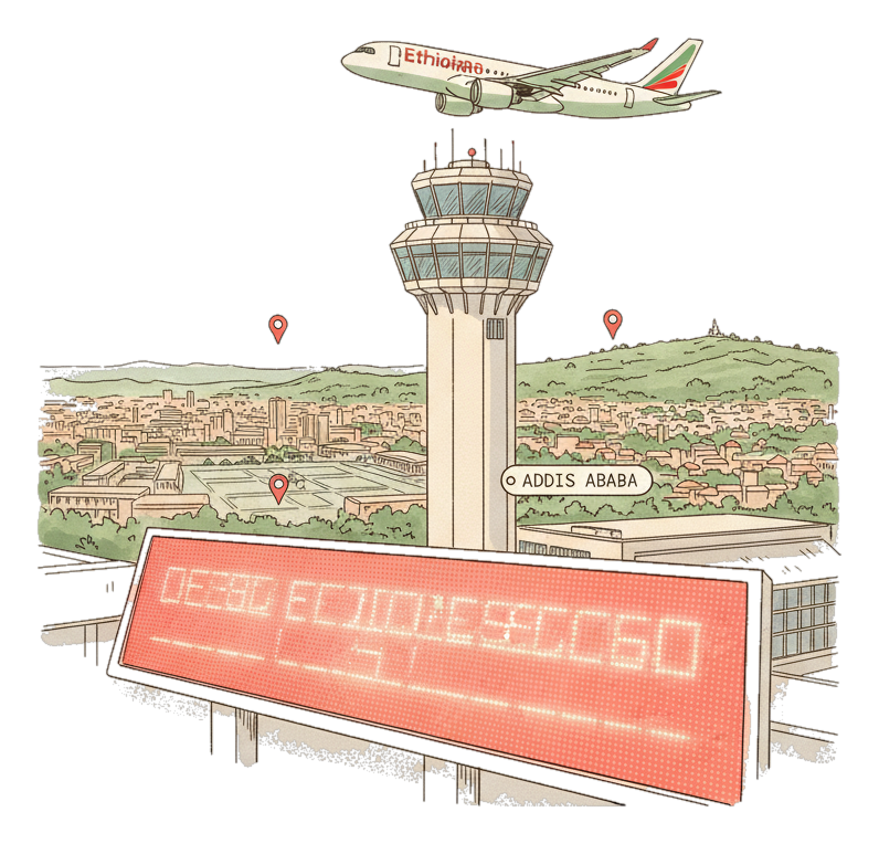 Illustrated Addis Ababa Bole Airport landmark with glowing coral Blindspot DOOH advertising screens