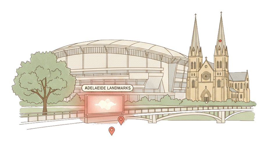 Illustrated Adelaide landmark with glowing coral Blindspot DOOH advertising screens