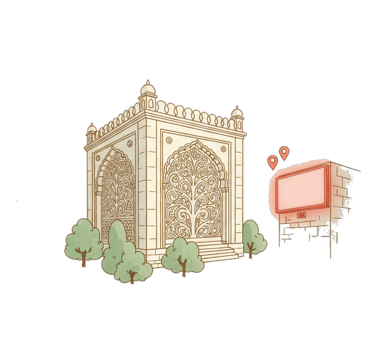 Illustrated Ahmedabad landmark with glowing coral Blindspot DOOH advertising screens