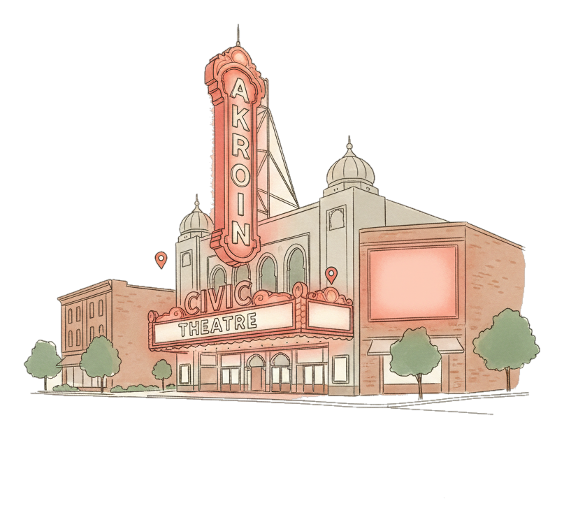 Illustrated Akron landmark with glowing coral Blindspot DOOH advertising screens