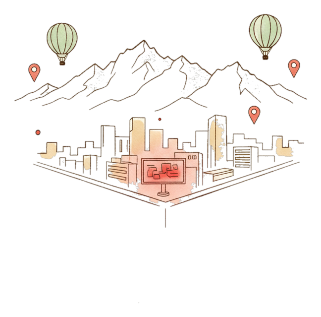 Illustrated Albuquerque landmark with glowing coral Blindspot DOOH advertising screens