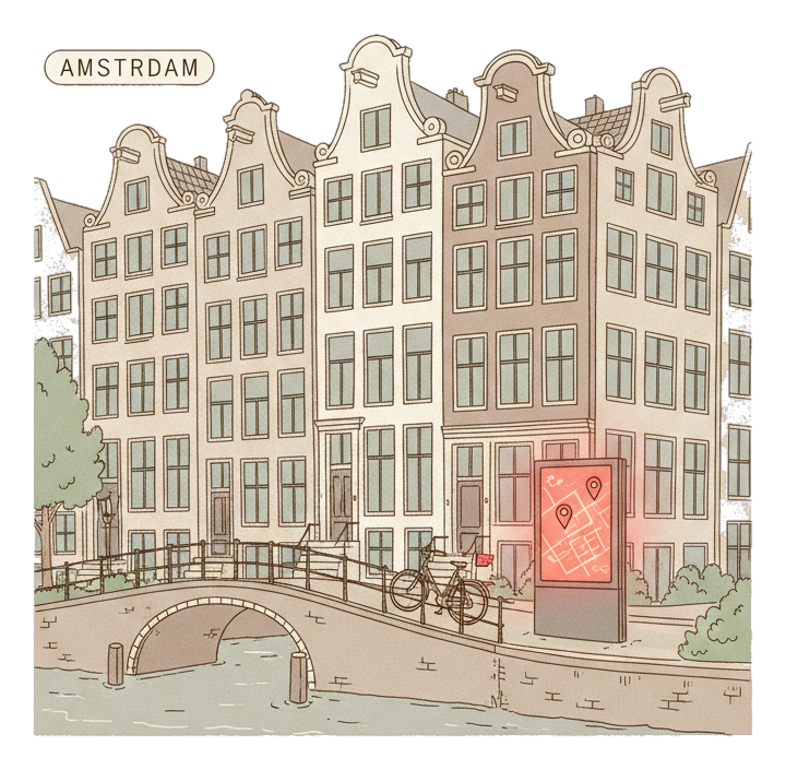 Illustrated Amsterdam landmark with glowing coral Blindspot DOOH advertising screens