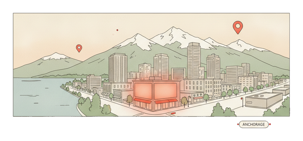 Illustrated Anchorage landmark with glowing coral Blindspot DOOH advertising screens