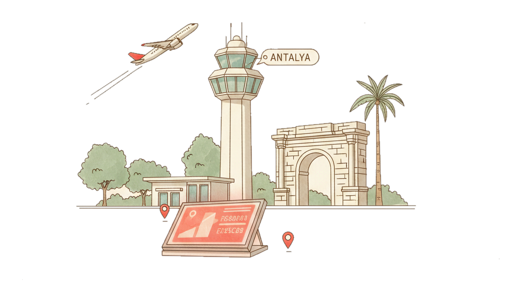 Illustrated Antalya Airport landmark with glowing coral Blindspot DOOH advertising screens