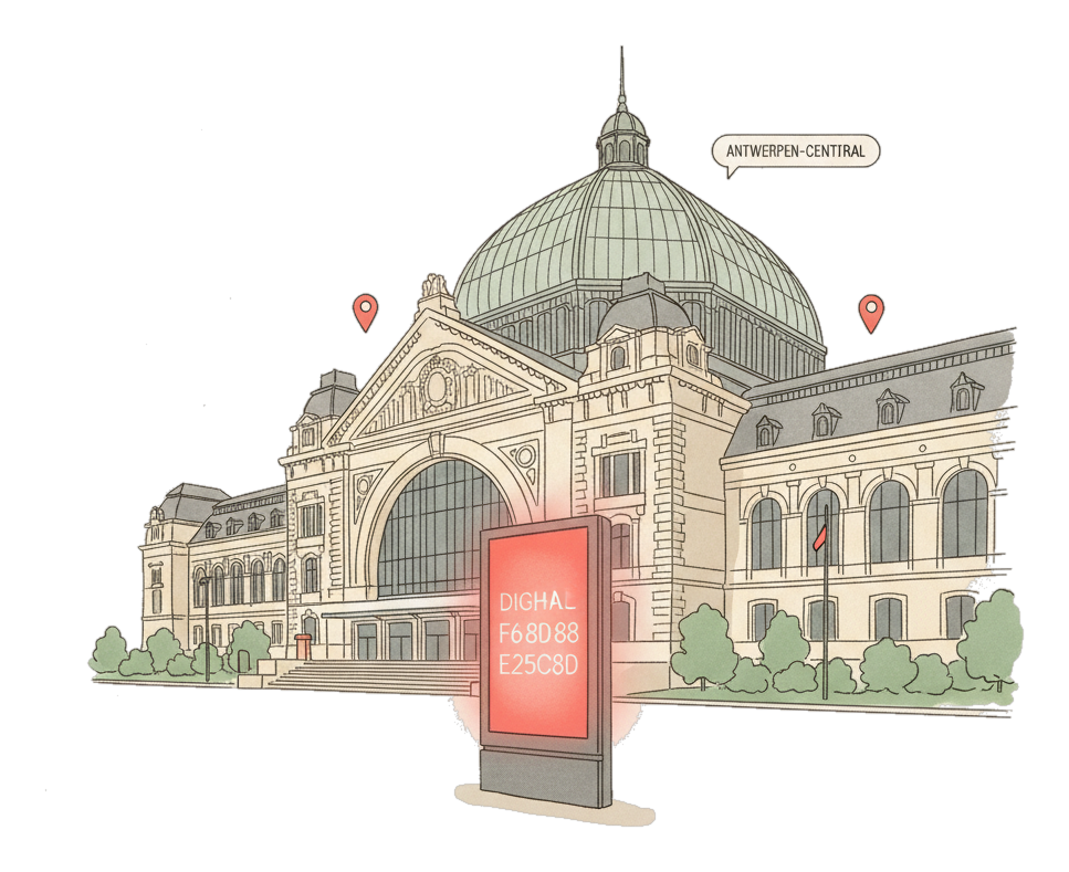 Illustrated Antwerp landmark with glowing coral Blindspot DOOH advertising screens