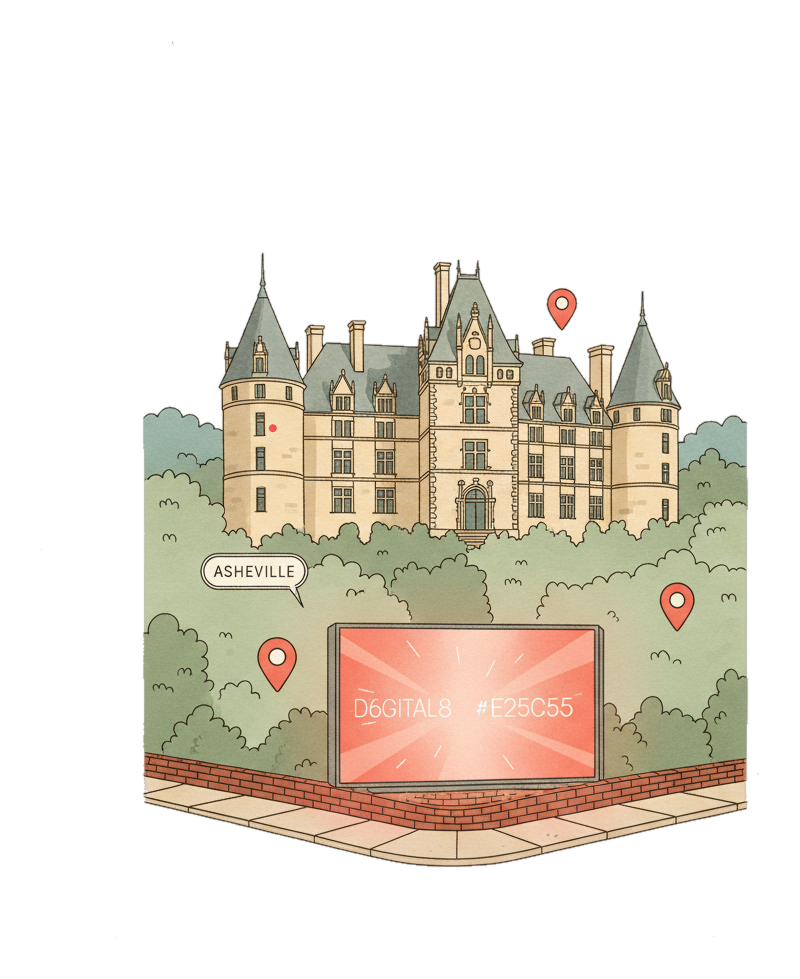 Illustrated Asheville landmark with glowing coral Blindspot DOOH advertising screens