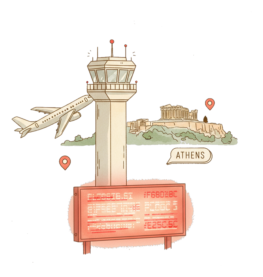 Illustrated Athens International Airport landmark with glowing coral Blindspot DOOH advertising screens
