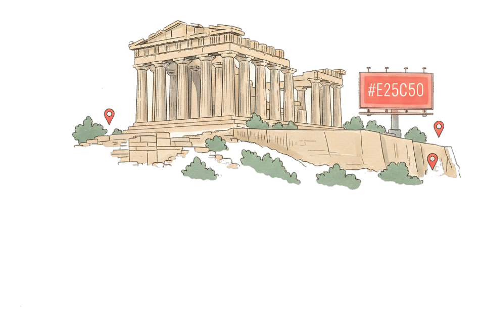 Illustrated Athens landmark with glowing coral Blindspot DOOH advertising screens