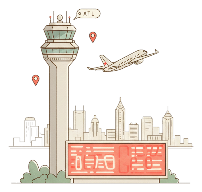Illustrated Atlanta Airport landmark with glowing coral Blindspot DOOH advertising screens