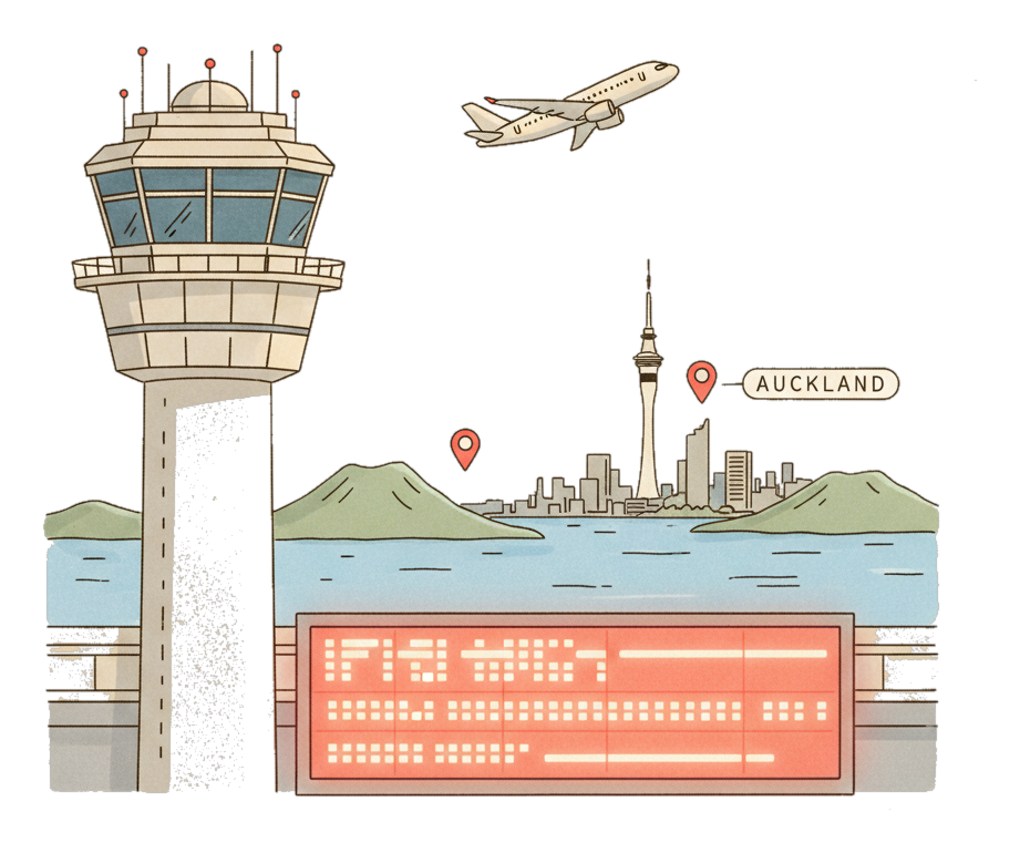 Illustrated Auckland Airport landmark with glowing coral Blindspot DOOH advertising screens
