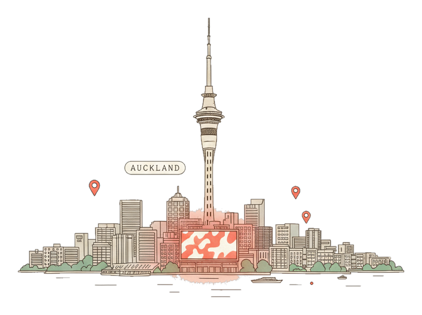 Illustrated Auckland landmark with glowing coral Blindspot DOOH advertising screens