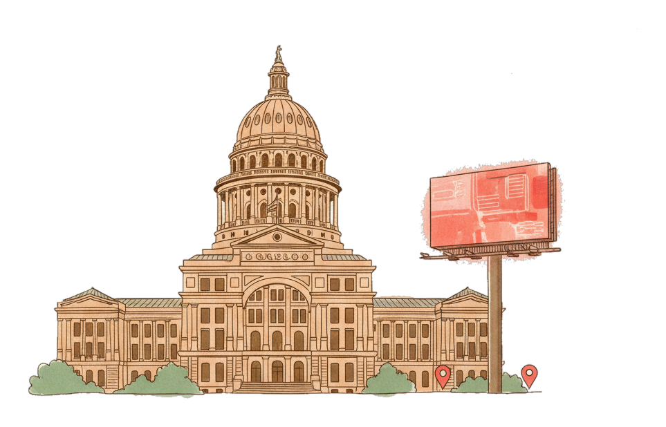 Illustrated Austin landmark with glowing coral Blindspot DOOH advertising screens