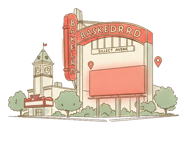 Illustrated Bakersfield landmark with glowing coral Blindspot DOOH advertising screens