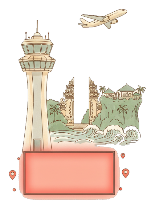 Illustrated Ngurah Rai International Airport landmark with glowing coral Blindspot DOOH advertising screens