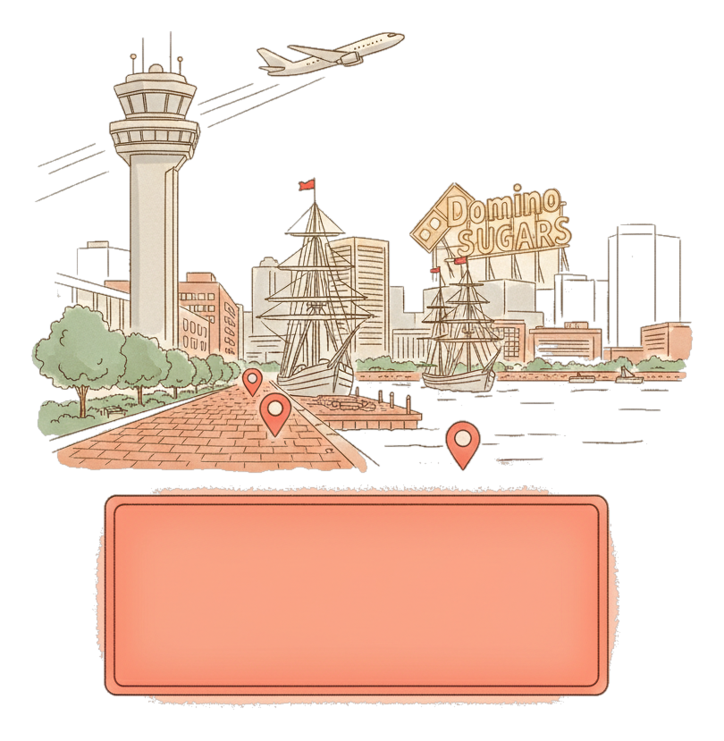Illustrated Baltimore/Washington International Thurgood Marshall Airport landmark with glowing coral Blindspot DOOH advertising screens