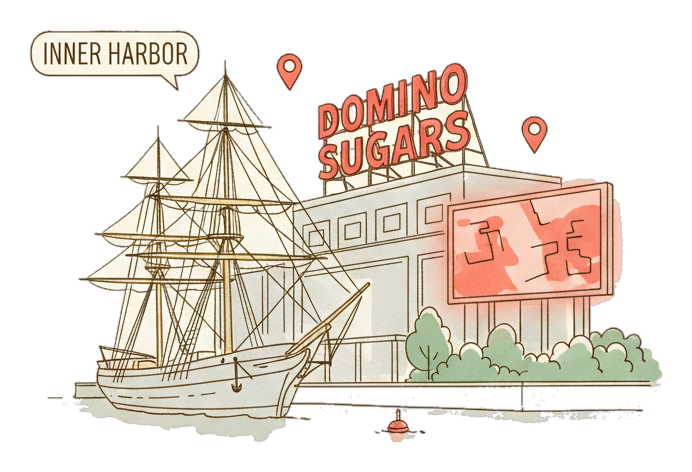 Illustrated Baltimore landmark with glowing coral Blindspot DOOH advertising screens
