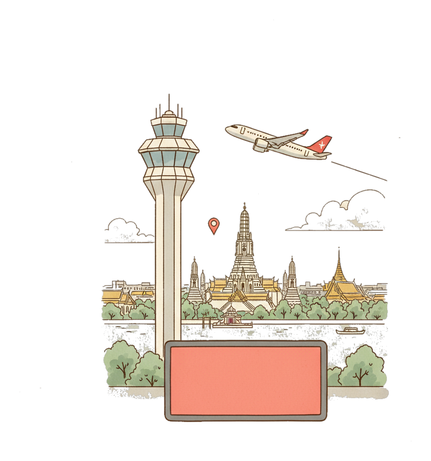 Illustrated Don Mueang International Airport landmark with glowing coral Blindspot DOOH advertising screens