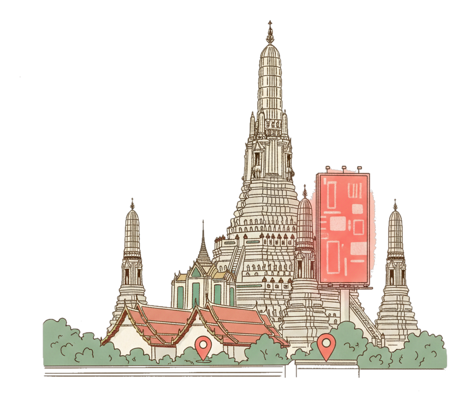Illustrated Bangkok landmark with glowing coral Blindspot DOOH advertising screens