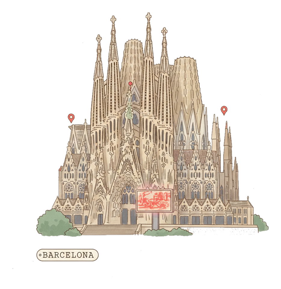 Illustrated Barcelona landmark with glowing coral Blindspot DOOH advertising screens