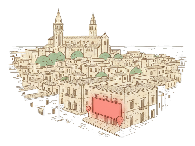 Illustrated Bari landmark with glowing coral Blindspot DOOH advertising screens