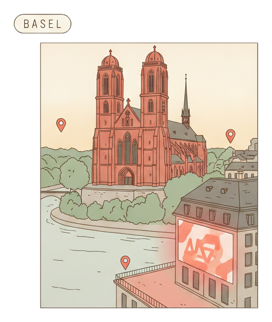 Illustrated Basel landmark with glowing coral Blindspot DOOH advertising screens
