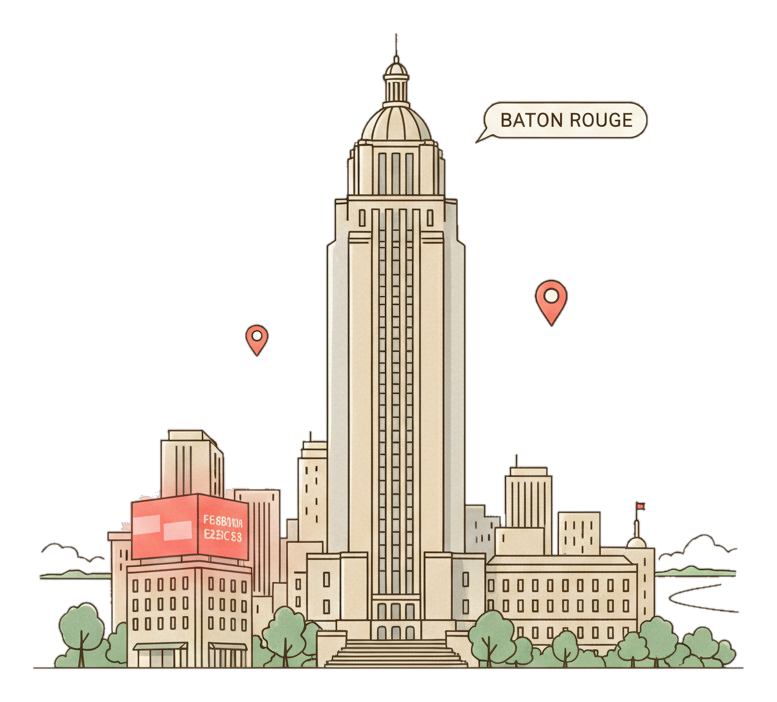 Illustrated Baton Rouge landmark with glowing coral Blindspot DOOH advertising screens