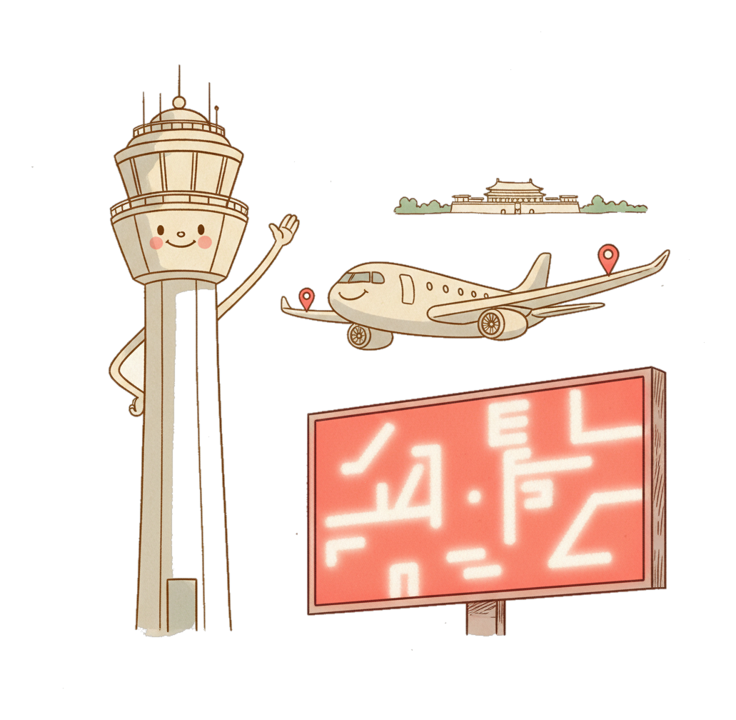 Illustrated Beijing Capital Airport landmark with glowing coral Blindspot DOOH advertising screens