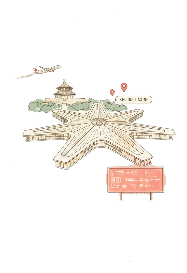 Illustrated Beijing Daxing Airport landmark with glowing coral Blindspot DOOH advertising screens