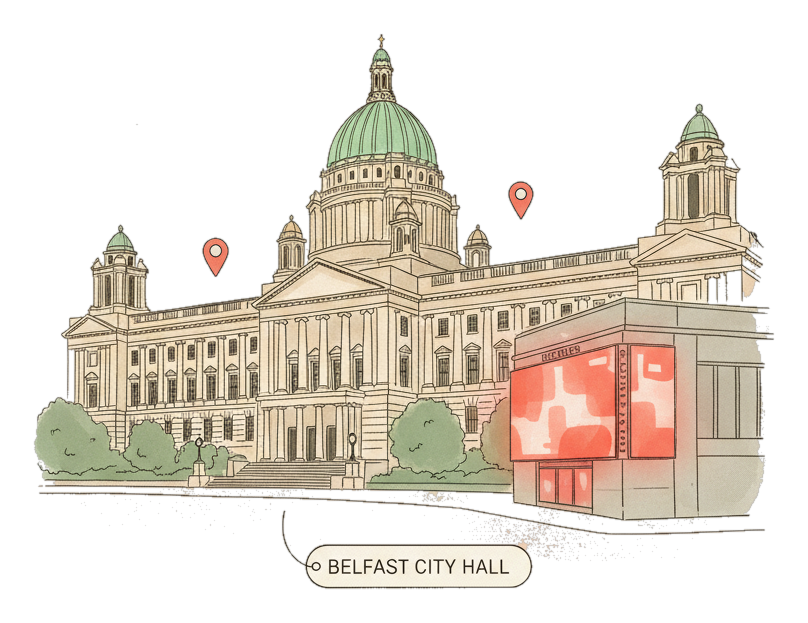 Illustrated Belfast landmark with glowing coral Blindspot DOOH advertising screens