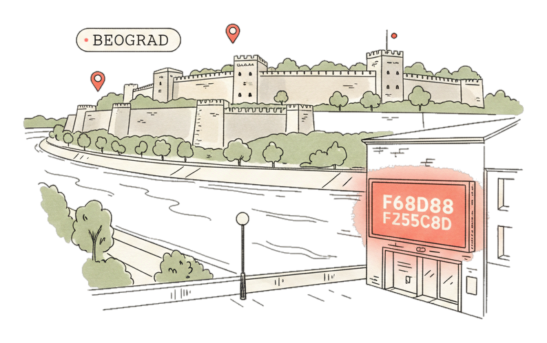 Illustrated Belgrade landmark with glowing coral Blindspot DOOH advertising screens
