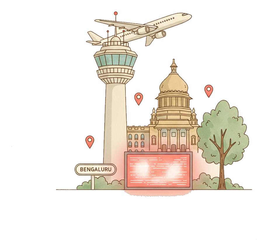 Illustrated Kempegowda International Airport, Bengaluru landmark with glowing coral Blindspot DOOH advertising screens