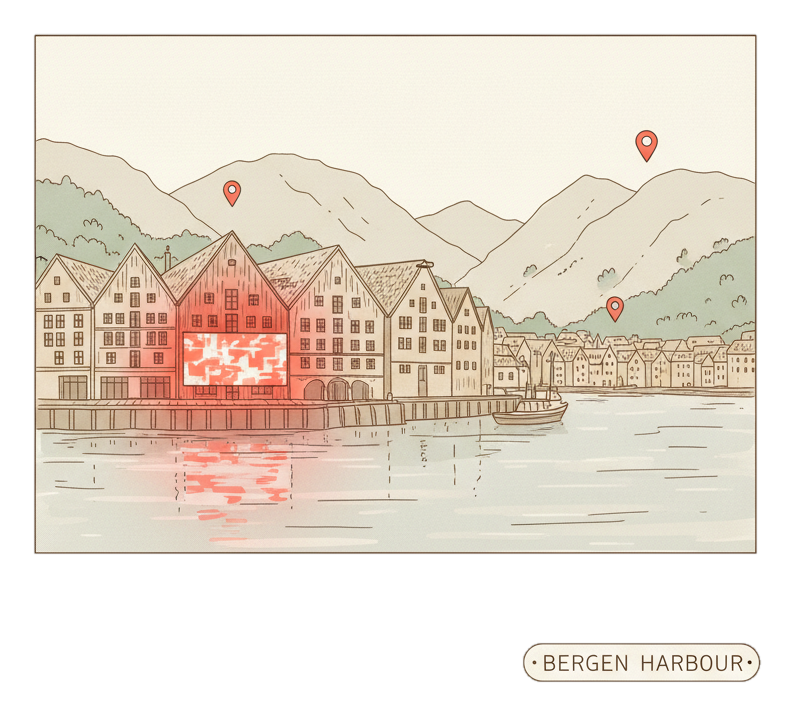 Illustrated Bergen landmark with glowing coral Blindspot DOOH advertising screens