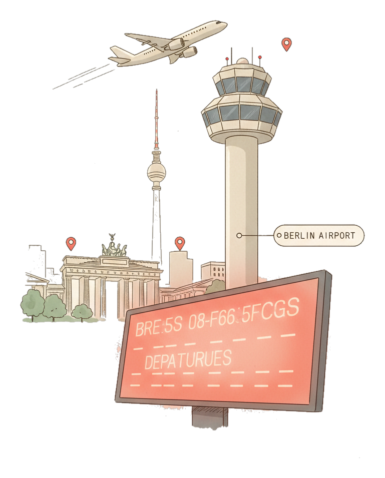 Illustrated Berlin Brandenburg Airport landmark with glowing coral Blindspot DOOH advertising screens